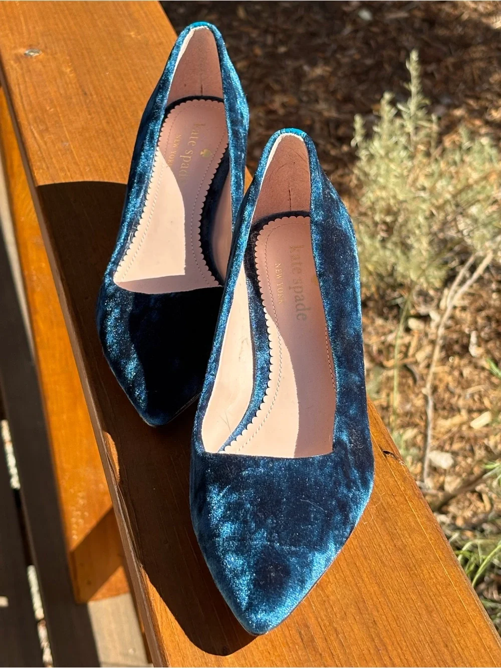 kate spade Deep Teal Velvet rhinestone heel Pointed-Toe Pumps - Picture 2 of 11